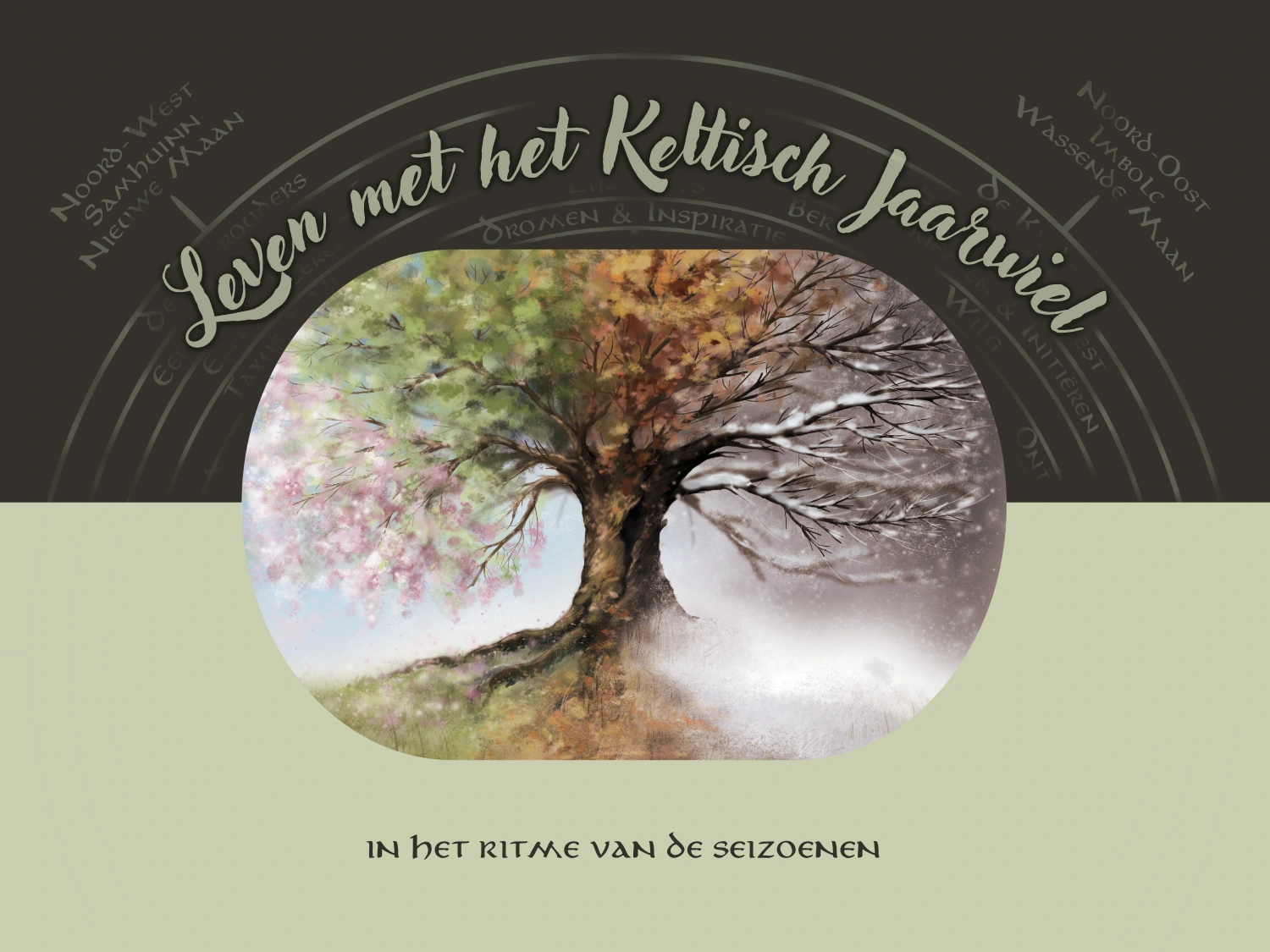 Schriftelijke jaarcursus Leven met de Seizoenen en het Wiel van het Jaar cover met een getekende boom die de vier seizoenen weergeeft.